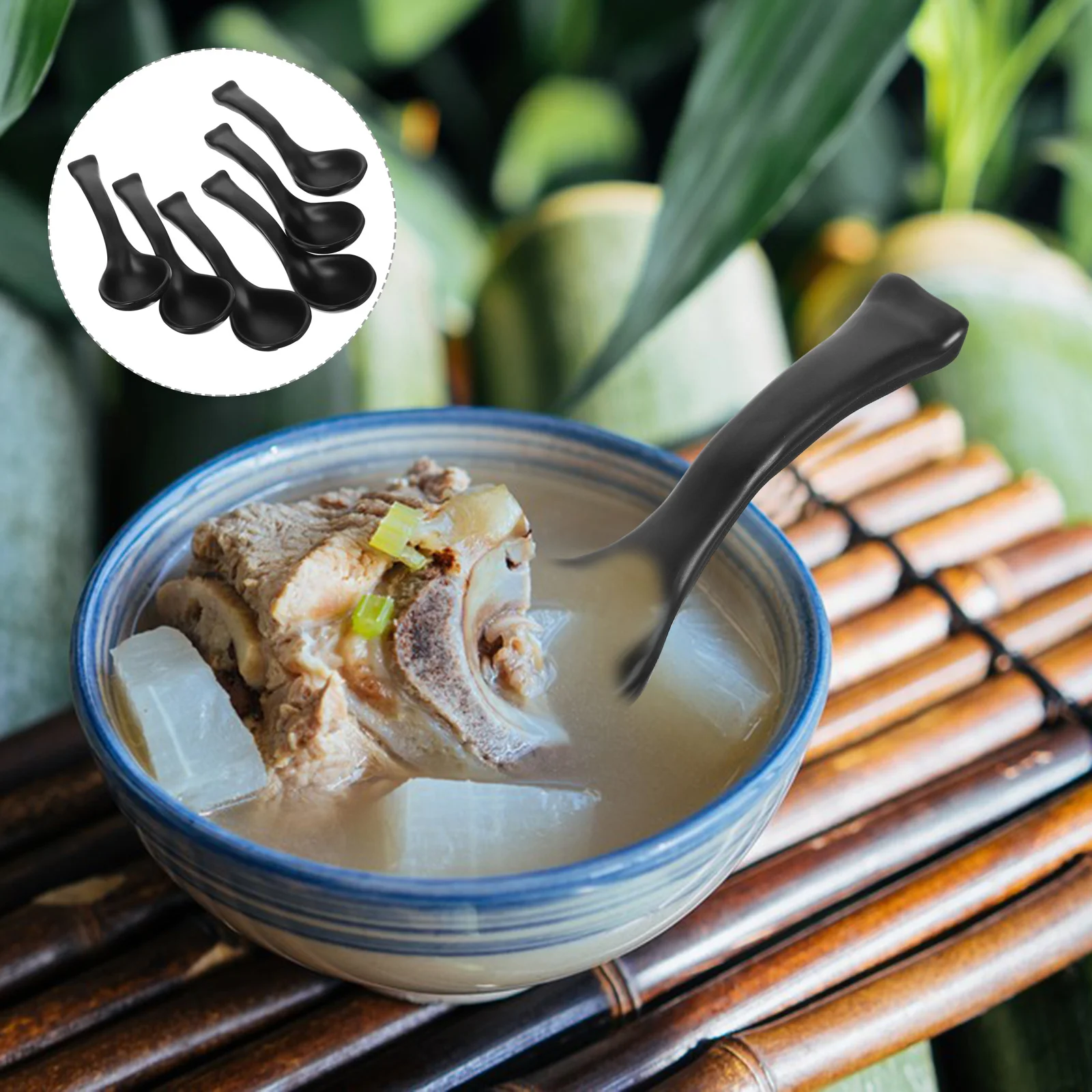 

6pcs Black Frosted Plastic Soup Spoons Long Handle For Camping Travel Outdoor Kitchen Tableware Resist Chipping Staining Fading