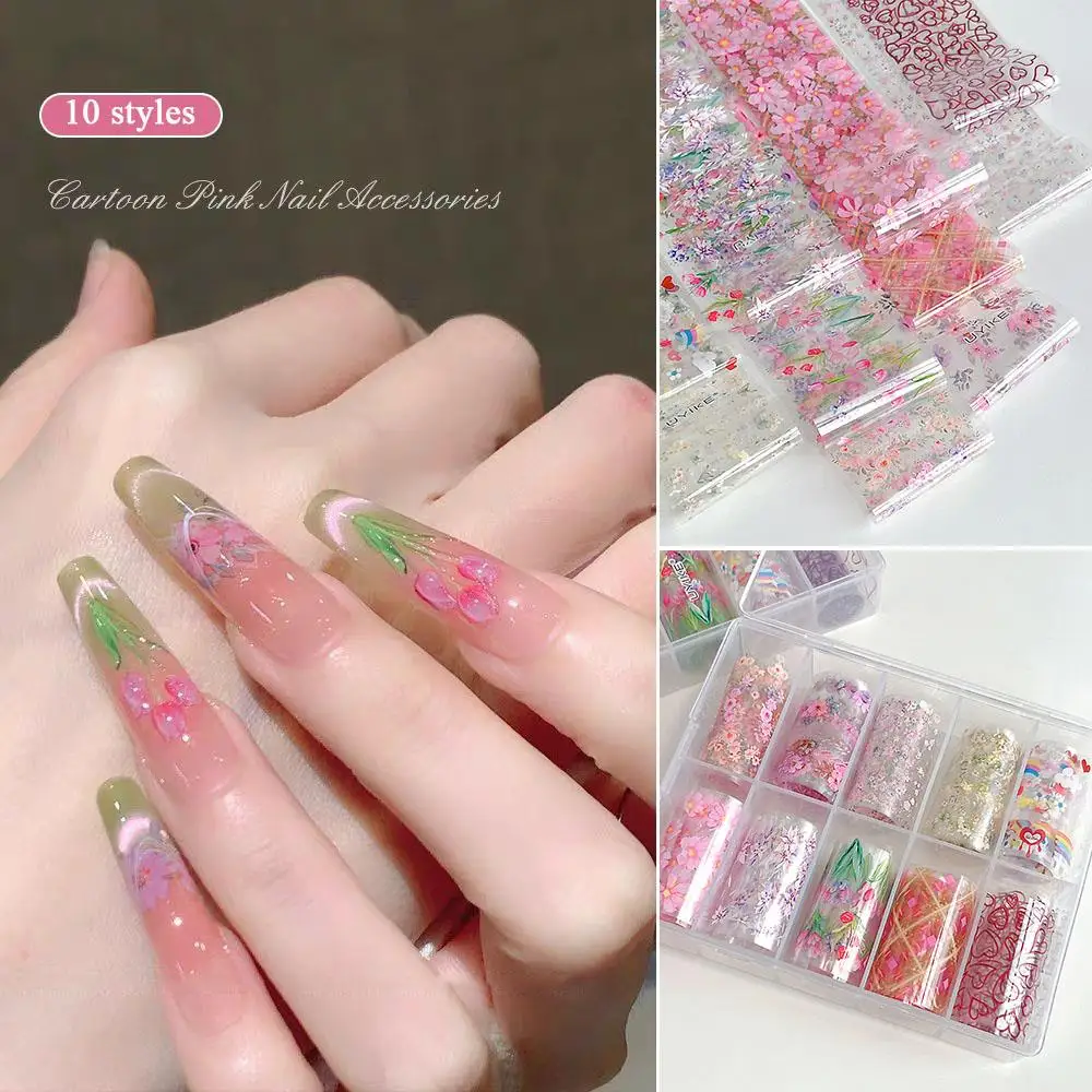 

10 рулонов/коробка, красочные цветочные наклейки для ногтей, переводная паста для ногтей, инструмент для маникюра «сделай сам», красивые наклейки для ногтей, милые обертывания для ногтей, наклейка