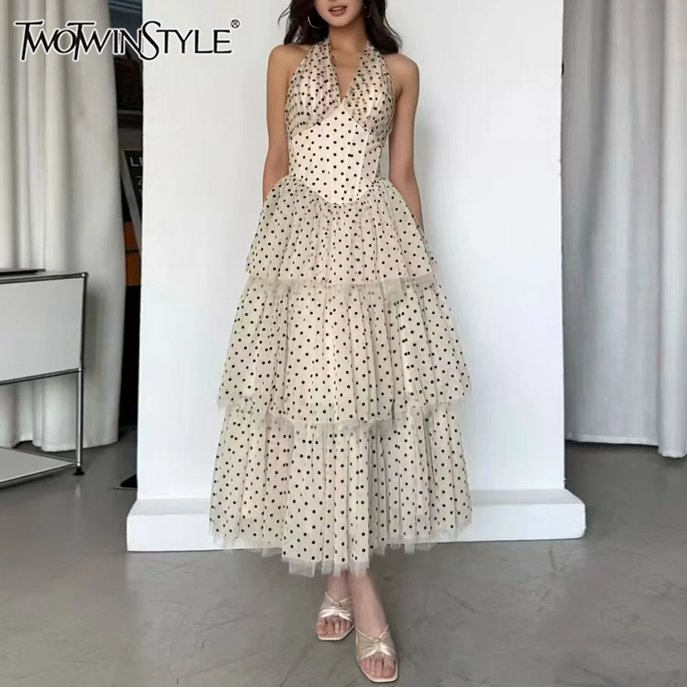 

TWOTWINSTYLE Fashion Spliced Wave Point Long Dresses for Women Halter Sleeveless High Waist Patchwork Ruffles Dress Female New