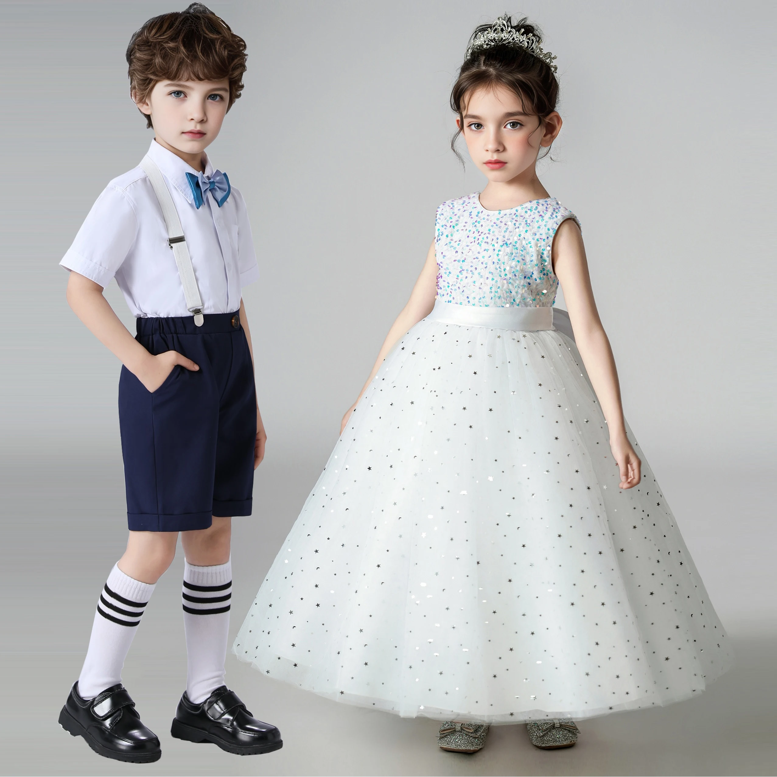 Kids Girl Princess White Long Dress Baby Girl Wedding Ceremony Party Gown Children Boy 2pcs Shirt+Pant Suit For Performance