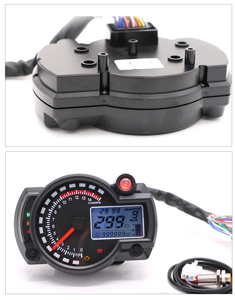 

Black 15000 RPM 299 KMH MPH Odometer Speedometer Tachometer Motorcycle 8-22 inch wheel adjust