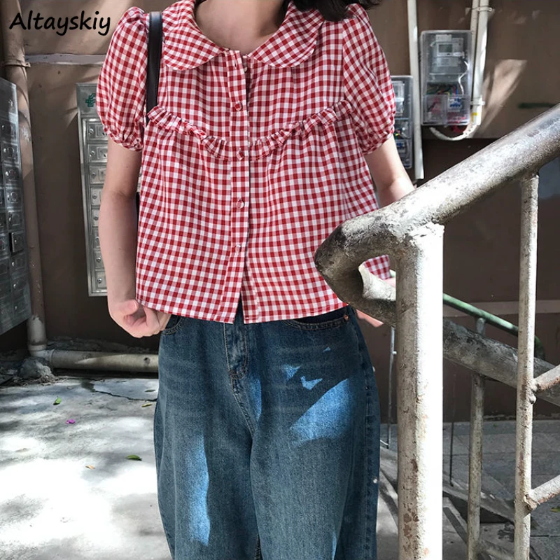 Short Sleeve Shirts Women Plaid Summer Ruffles All-match Loose Tops Peter Pan Collar Sweet Girls Vintage Stylish Cropped Temper