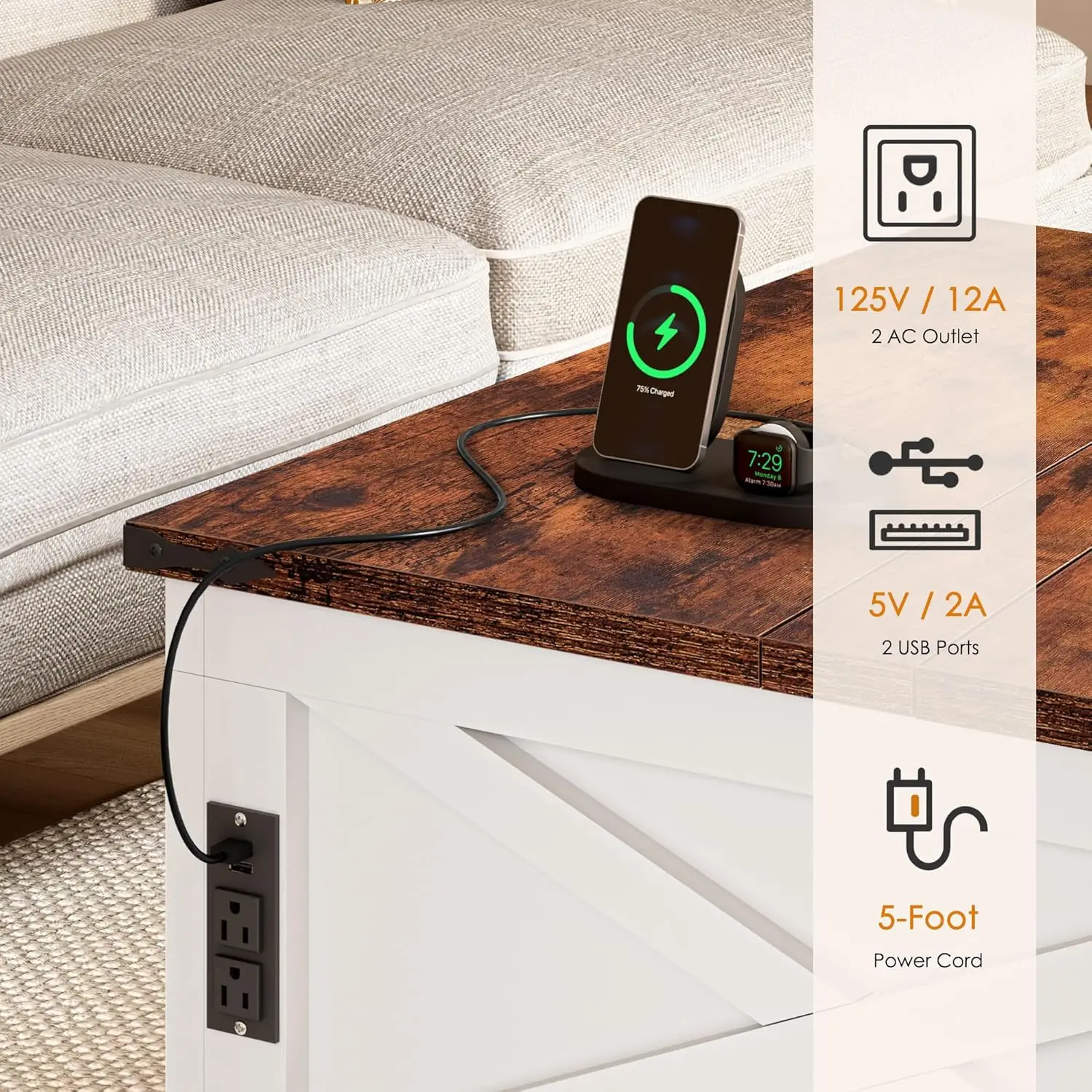 Sogeshome Coffee Table With Lifting Top With Power Output, 35.4'' Square Table With Large Hidden Storage, Farmhouse Coffee