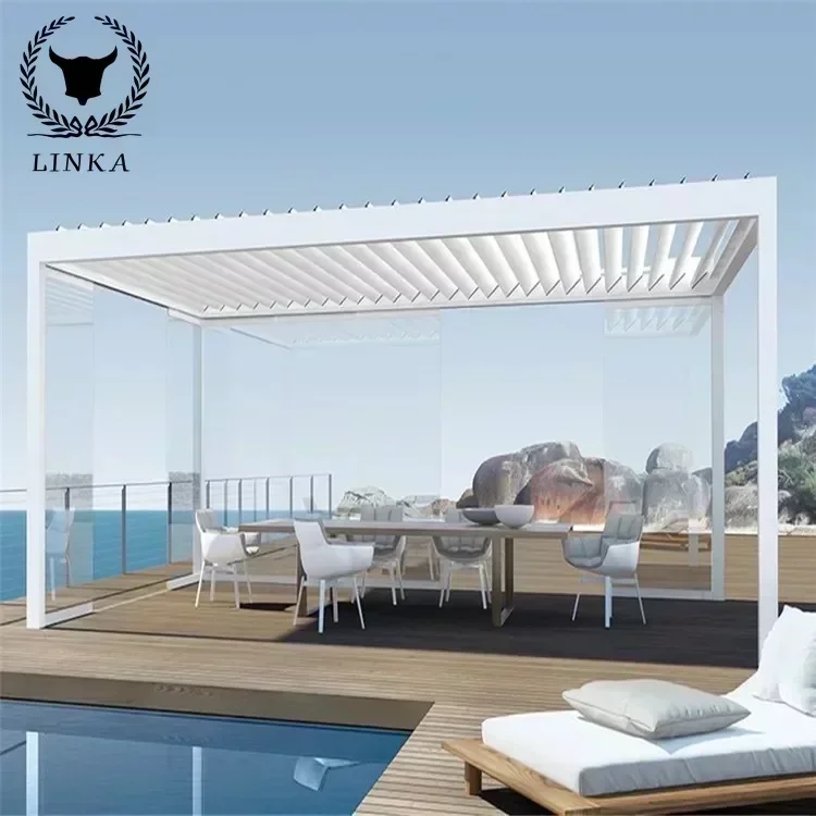 Open Roof and Glossy Pergola Bioclimatic Good Quality Remote Controlled Electric Roller Shutter Gazebo