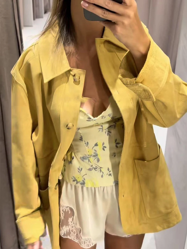 TFMLN Cappotto vintage in pelle scamosciata tinta unita da donna casual Risvolto alla moda Giacca ampia con tasca monopetto Capispalla per pendolarismo femminile