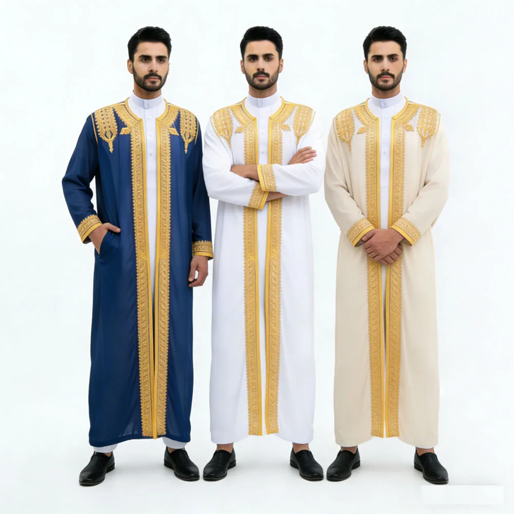 

Saudi Men's Traditional Robe Arab Embroidered Thobe Thoub Dishdasha Middle Eastern Jubba Eid Djellaba Open Kimono Abaya Islamic