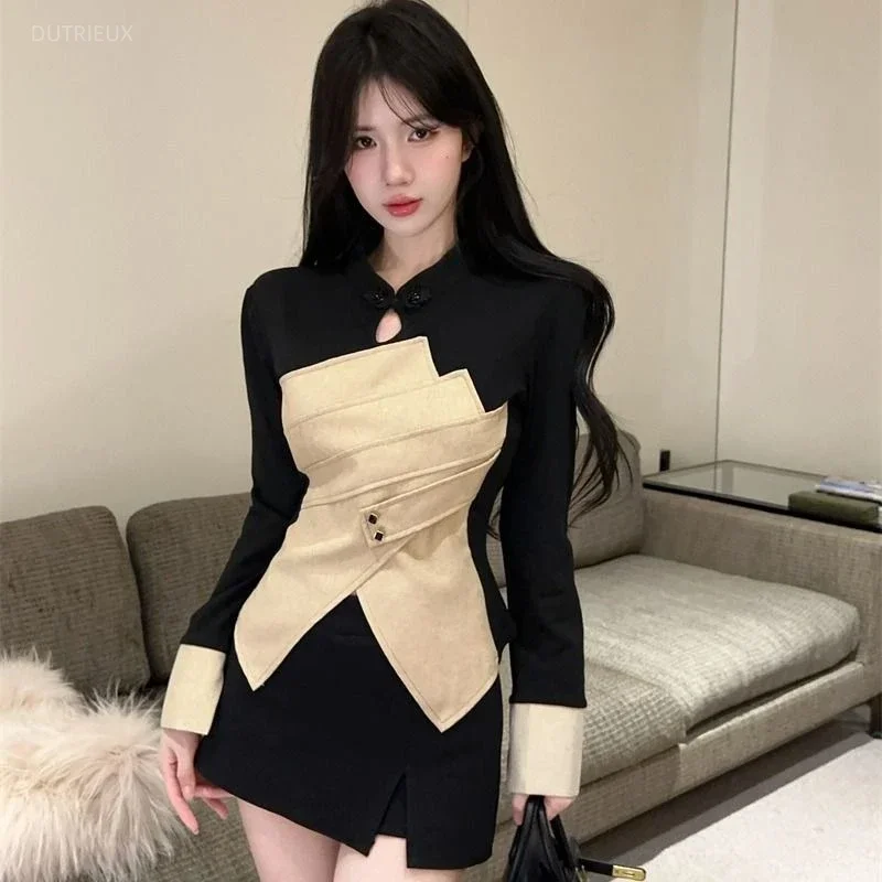Vintage Fashion Front Hollow Out Slim Women Shirt Personality Lrregular Constrast Color Split Clothe French Lazy Temperament Top