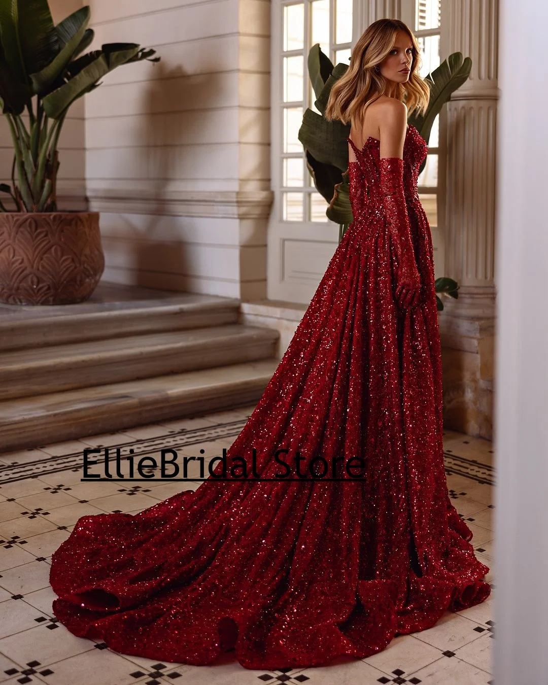 Elegant Wine Red Evening Dresses With Gloves Beading A Line Wedding Reception Gowns Strapless Dubai Prom Dress Customized