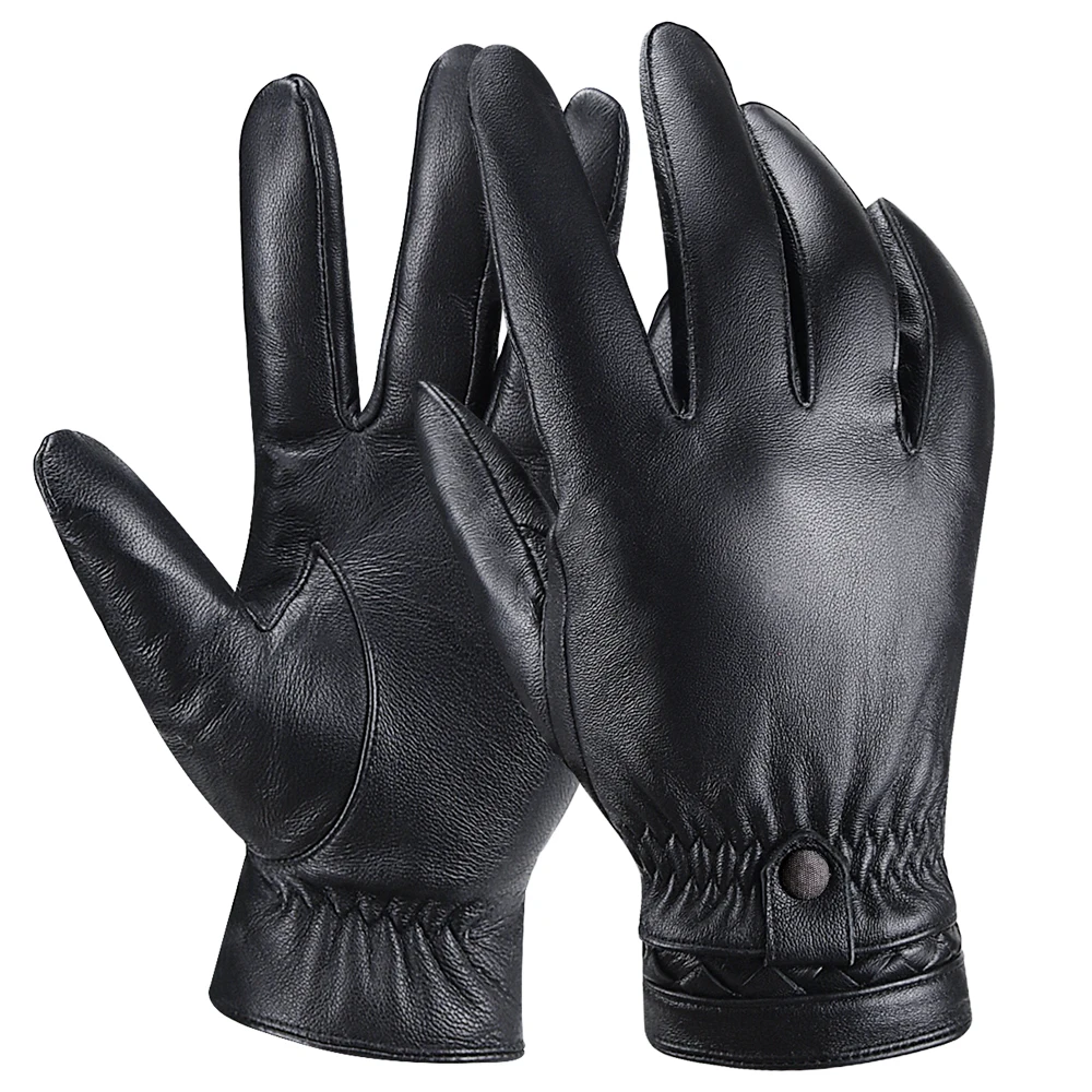 Men Black Genuine Leather Gloves Autumn Winter Warm Touch Screen Full Finger Sheepskin Gloves High Quality Mittens Driving