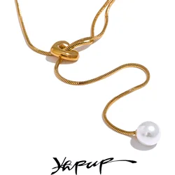 Yhpup 316l Stainless Steel Long Chain Heart Pendant Passed Chest Necklace Imitation Pearls Fashion Gold Silver Color Jewelry