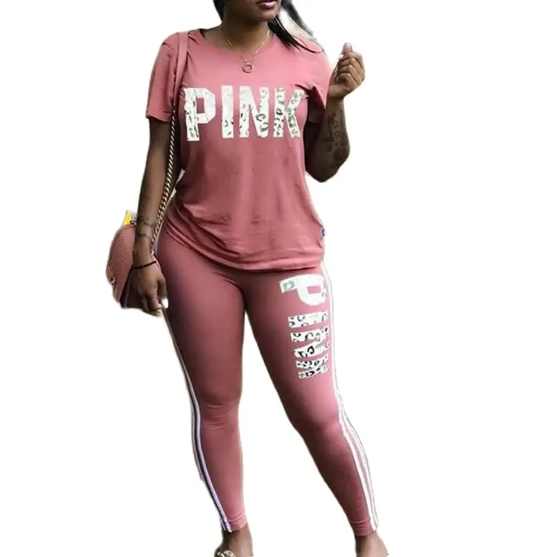 2022 New PINK Letter Print Sweatsuit Women Suit Short Sleeve Tops Skinny Pant Two Piece Tracksuit Summer Casual 2 PCS Set