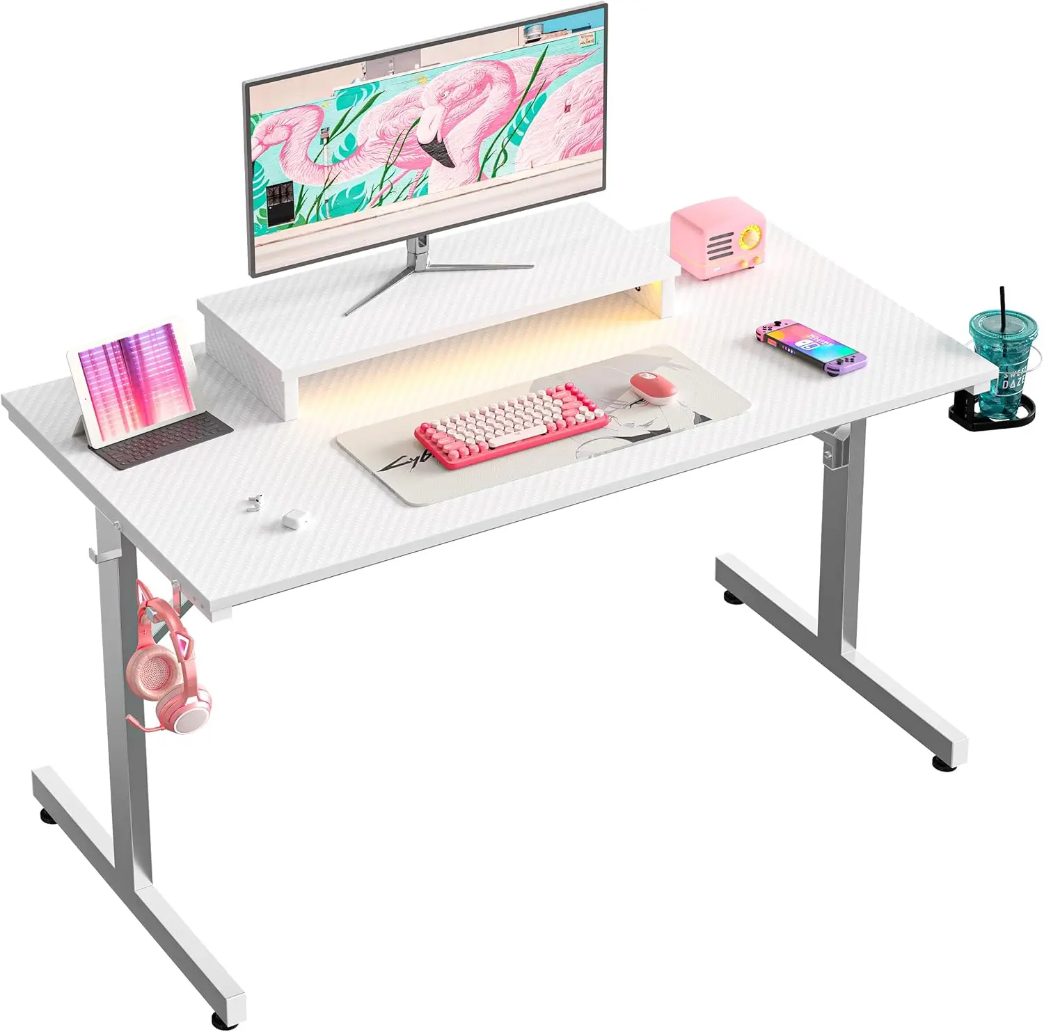 

Gaming Desk With Led Lights & Monitor Stand, 42 H Small Computer Desk Gamer Workstation With Cup Holder & Headset Hooks, Modern