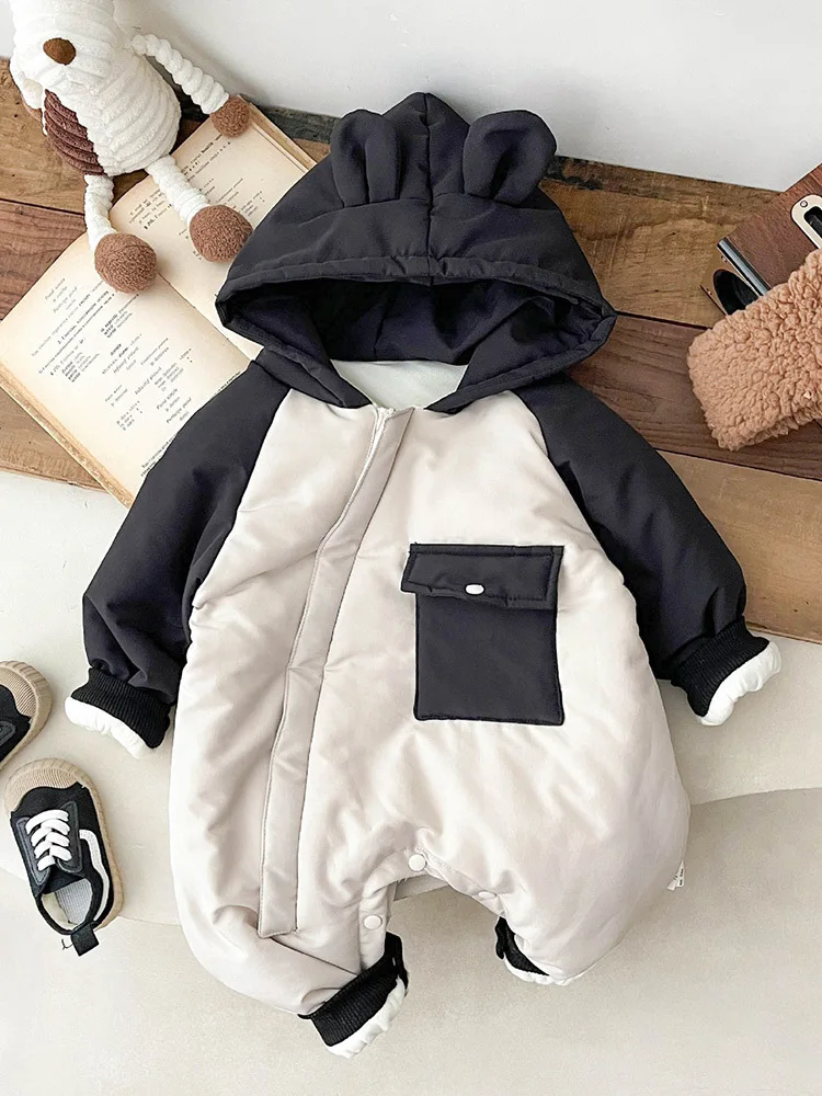 2025 Winter Neue Baby Plus Samt Starke Mit Kapuze Strampler Infant Junge Mädchen Zipper Overall Neugeborenen Kleinkind Patchwork Warme Kleidung