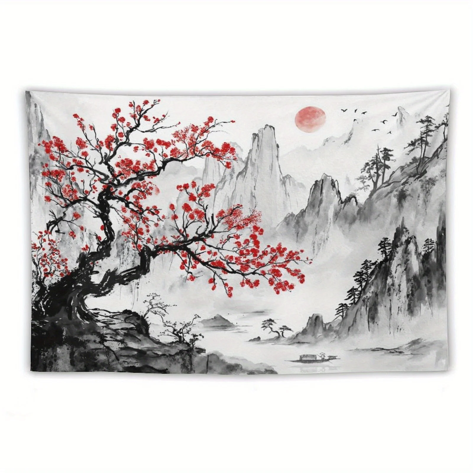 Гобелен в японском стиле с вишневым деревом и горным пейзажем — идеально подходит для декора стен гостиной или спальни