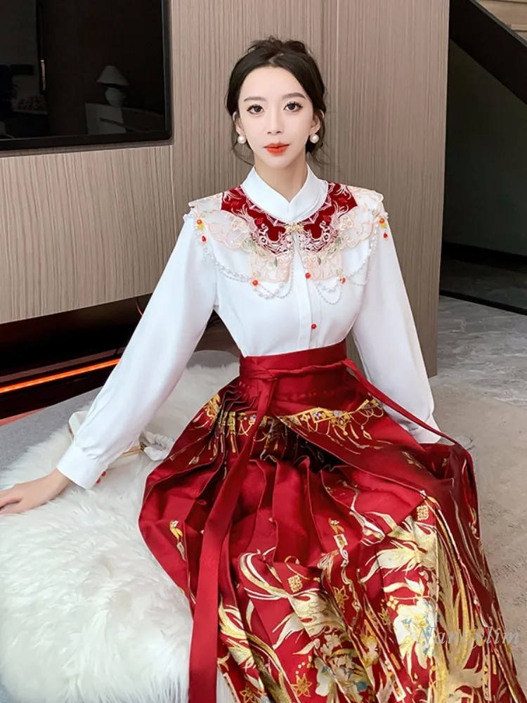 Hanfu-vestido de compromiso de estilo chino para mujer, conjunto de falda roja con cara de caballo, traje de estilo nacional, otoño e invierno, nuevo