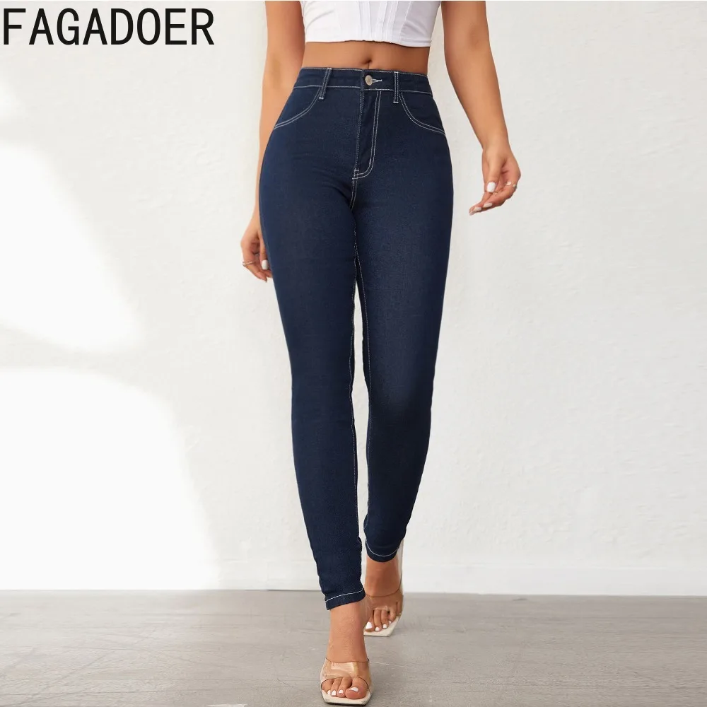 

FAGADOER Dark Blue Spring Denim Elastic Pencil Pants Women High Waisted Button Skinny Jean Trousers Casual Female Cowboy Bottoms