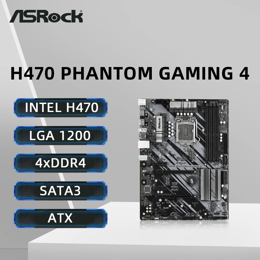 

Материнская плата ASRock H470 PHANTOM GAMING 4 LGA 1200, поддержка i3-10105F i5-11400F 11600KF i7-11700KF i9-11900KF Процессор 4xDDR4 M.2 ATX