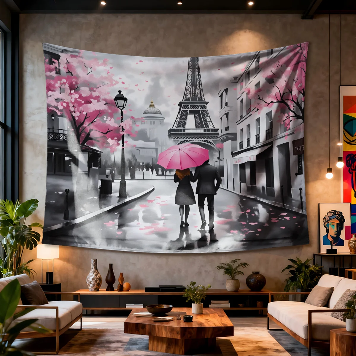 Paris Street Tapestry – Romantic Couple with Umbrella, Cherry Blossom Scene, Artistic Wall Hanging for Bedroom or Dorm Decor