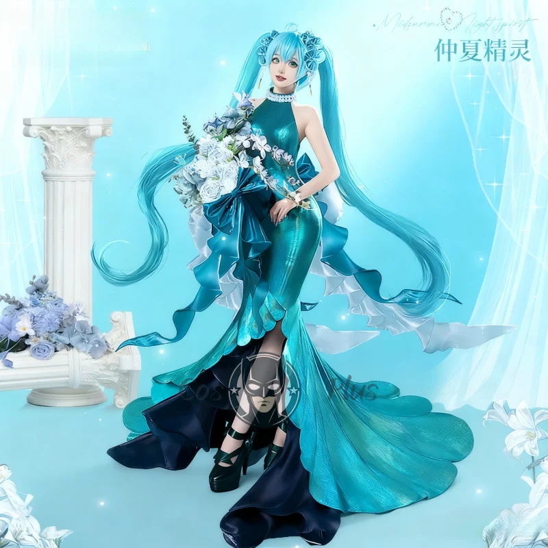

Anime Project Sekai Miku Cosplay Costume Wig Midsummer Elves Blue Fishtail Dress Uniform Halloween Carnival Suit for Women Game