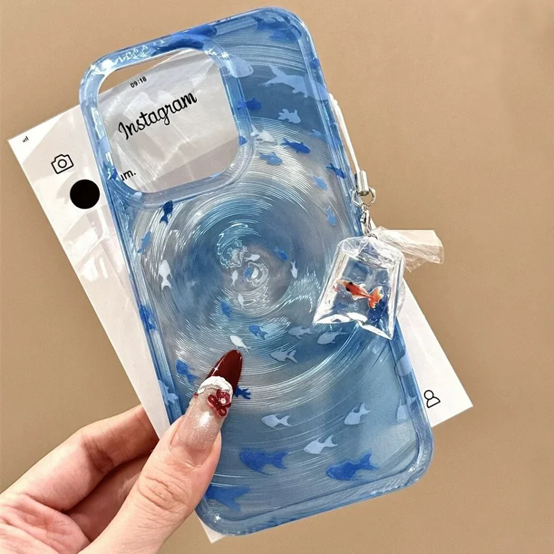 Transparent Blue Whirlpool Small Fish Phone Case with Carp Pendant for iPhone 11 12 13 14 15 16 prom