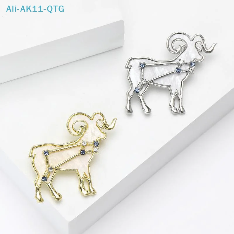 [New] Aries Zodiac Elegant Shell Goat Brooch Sparkling Rhinestone Stars Brooches Pins Designer Jewelry Gift