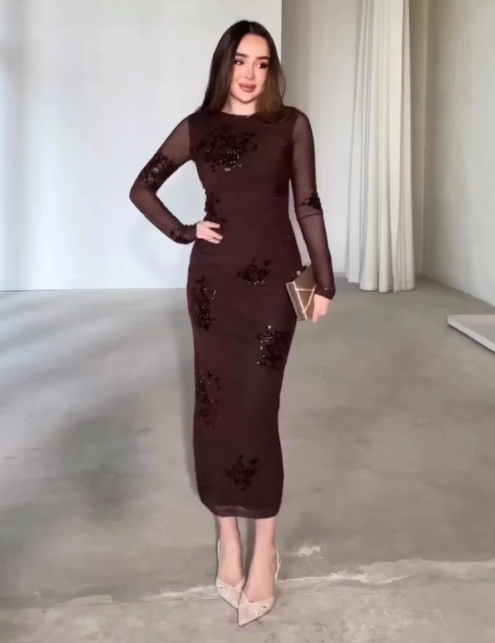 Customized Elegant Chiffon Pleat Sequined Straight O-Neck Midi Bespoke Occasion Homecoming Dresses Chinese Style