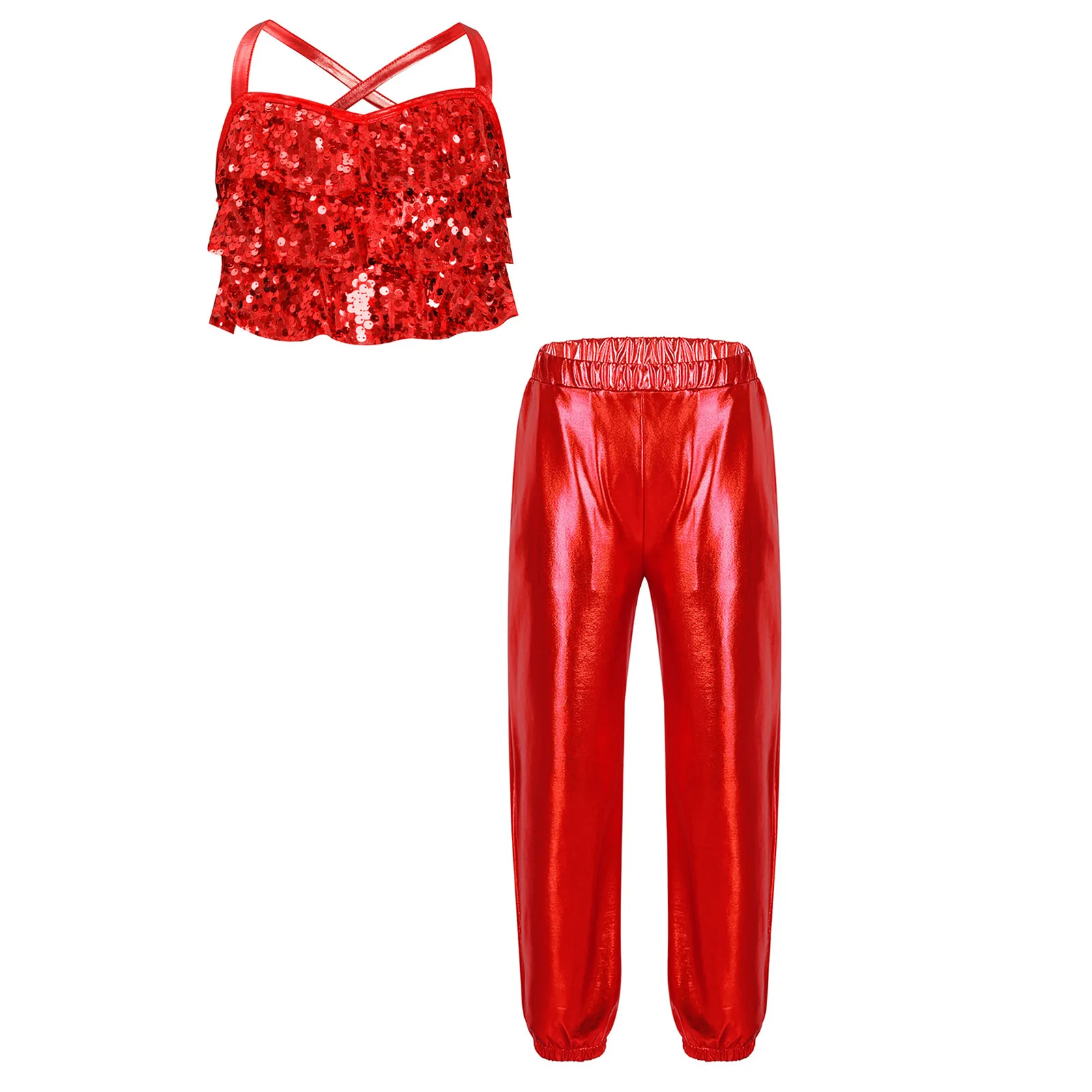Kinder Mädchen Jazz Hip Hop Street Dance Kostüm Glitzernde Pailletten Camisole Crop Top mit metallischen Hosen Set für Bühnenauftritt