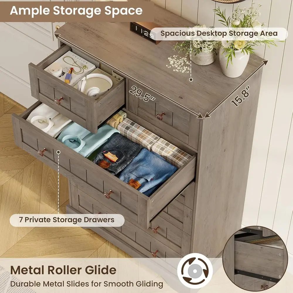 DAFIFY 7段チェスト、高さ51.4インチの手彫りパネル付きチェスト、寝室、リビングルーム用の大型木製収納オーガナイザー