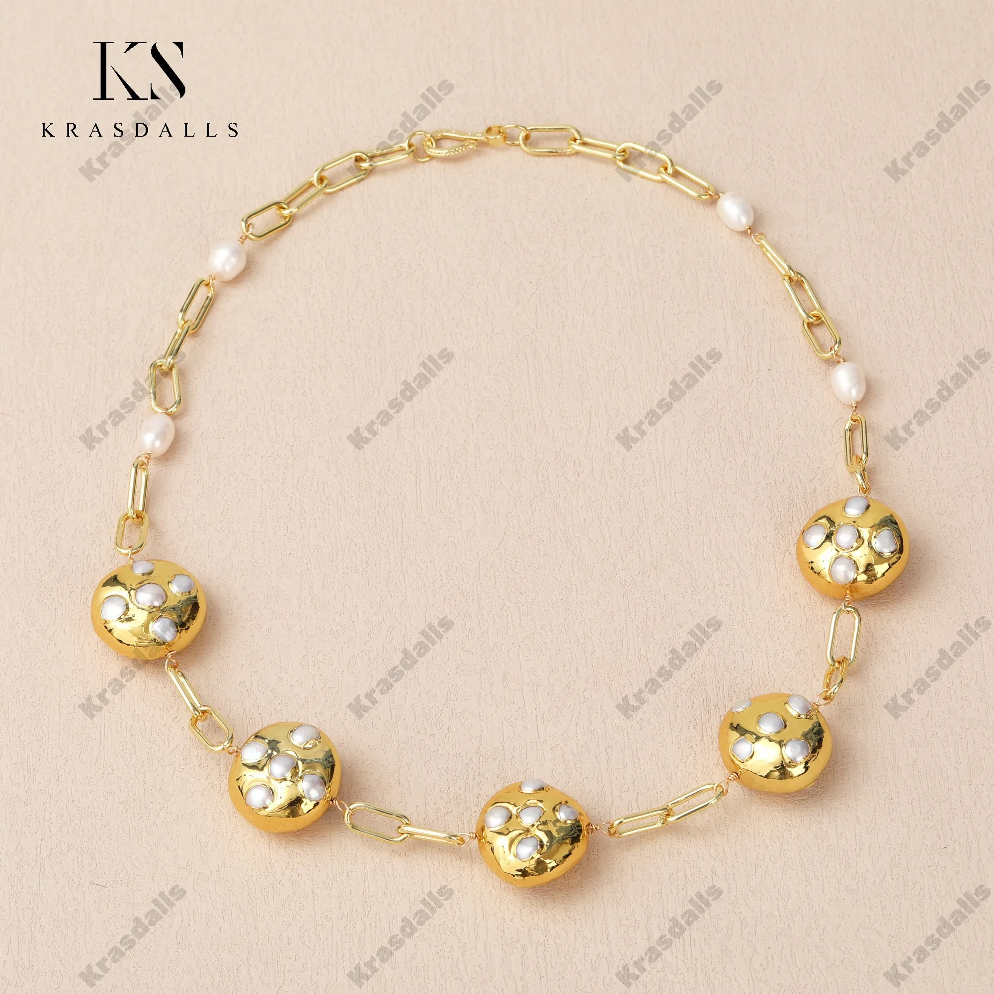 

Trendy Natural Cake Pearl Beaded Necklace Copper Gold Plated Fashion Jewelry for Parties