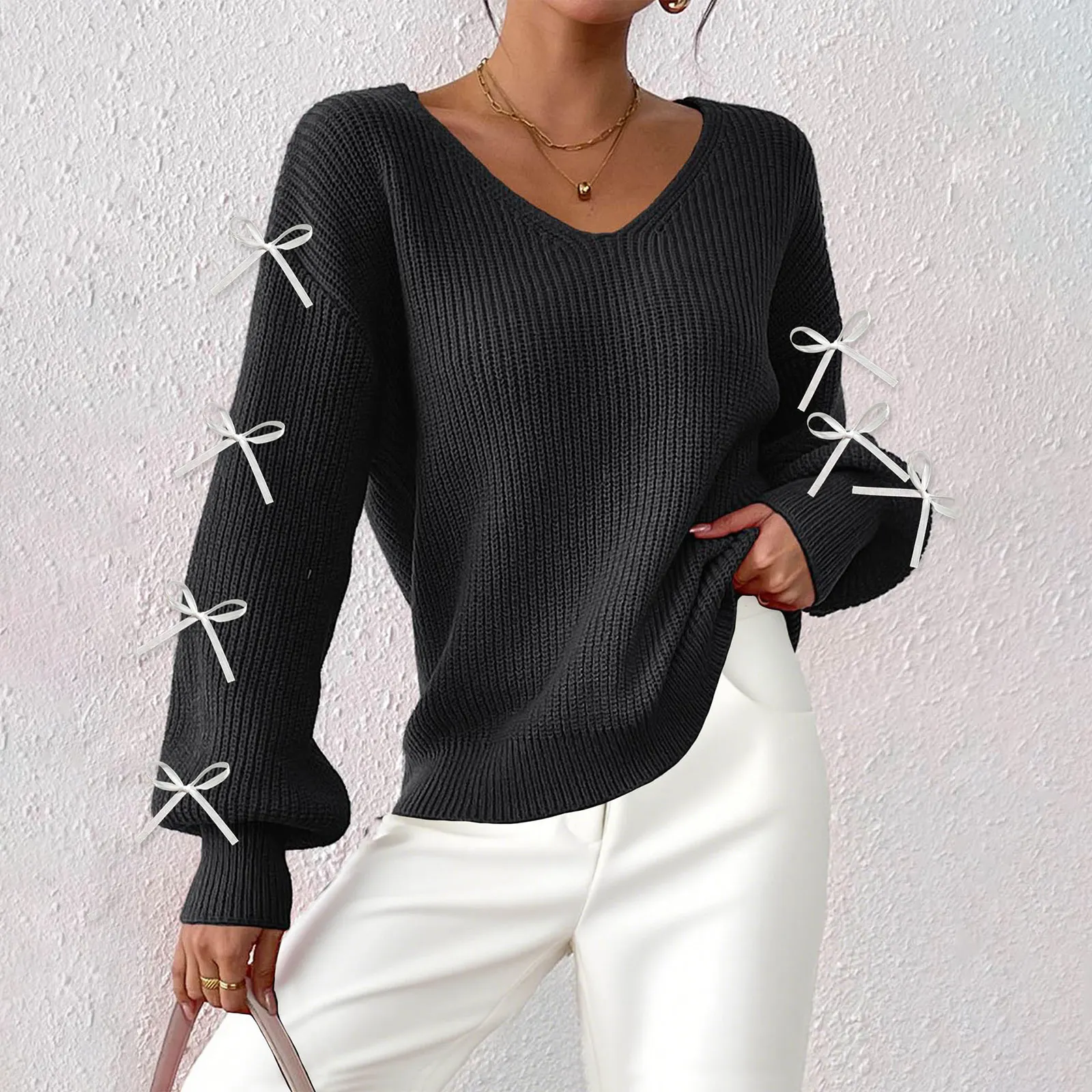 

2025 Women'S Ribbon Bow Decorated Knitted Pullover Ropa De Mujer Winter Clothes Woman Roupas Feminina Top Mujer SuéTer Mujer