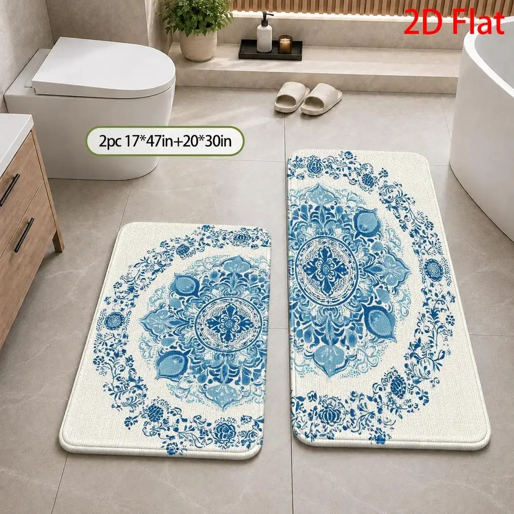 1pc/2pcs/3pcs Blue Floral Mandala Bath Rug Suitable for - Soft Absorbent Quick-Dry with Ceramic, Traditional Mandala Design Rectangular Suitable for Home Decor, Machine Washable, 2D Flat