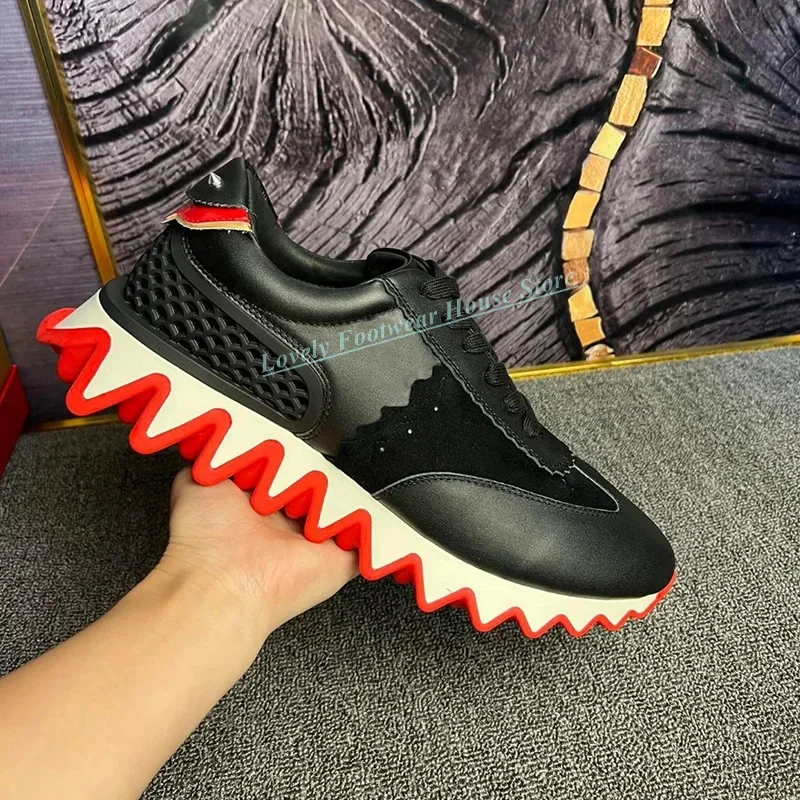 Fashion Shark Sole Woman Men Leather Sneaker Shoes Round Toe Lace Up Female Men Black Silver Flat Heel Casual Single Shoes