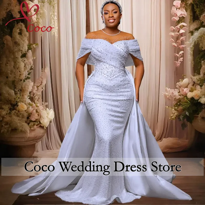 Customized Plus Size Mermaid Bead Embroidered Wedding Hat Sleeves With Detachable Train Sexy Ball Bridal Gown Vestidos De Novia