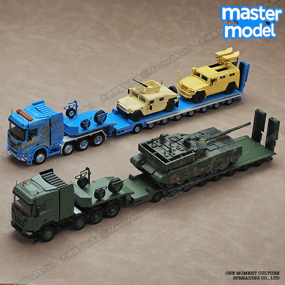 Massdi 1/64 Scania tank transporter trailer truck flatbed trailer military model die-casting simulation alloy vehicle model.