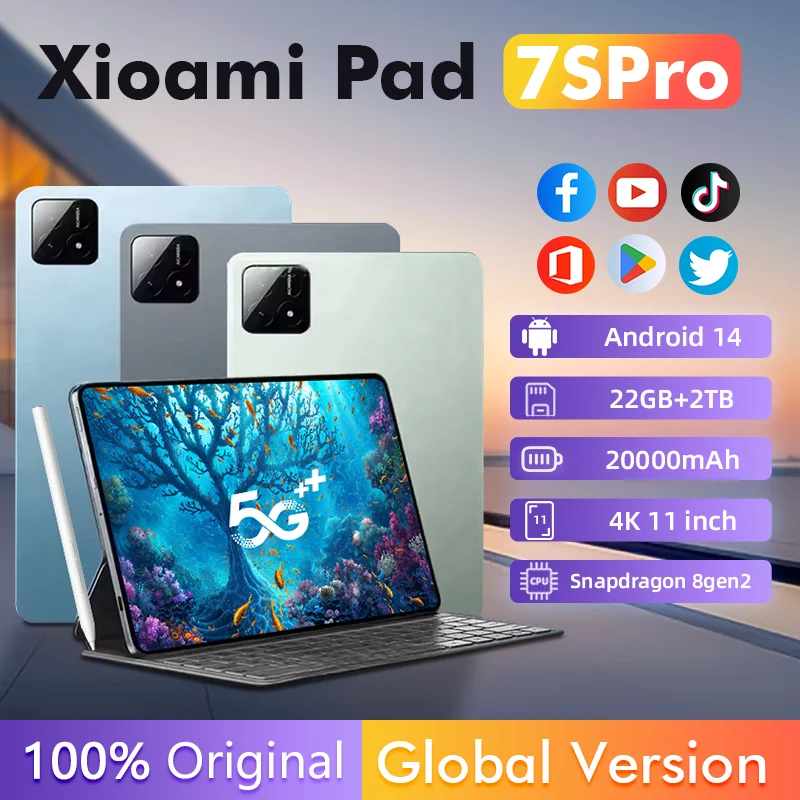 2025 Neuer Original Global Edition Tablet PC Pad 7S Pro, mit Snapdragon 8gen2, Android 14 HD 4K, 22 GB + 2 TB, Dual SIM 5G und WIFI