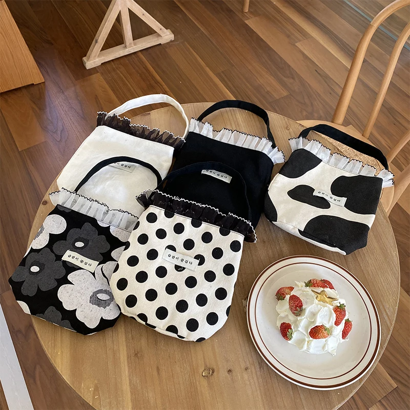 Korean Style Lace Canvas Handbag Cute Sweet Temperament Bucket Bags Portable Outing Picnic Bag For Women Girls Student Lunch Bag