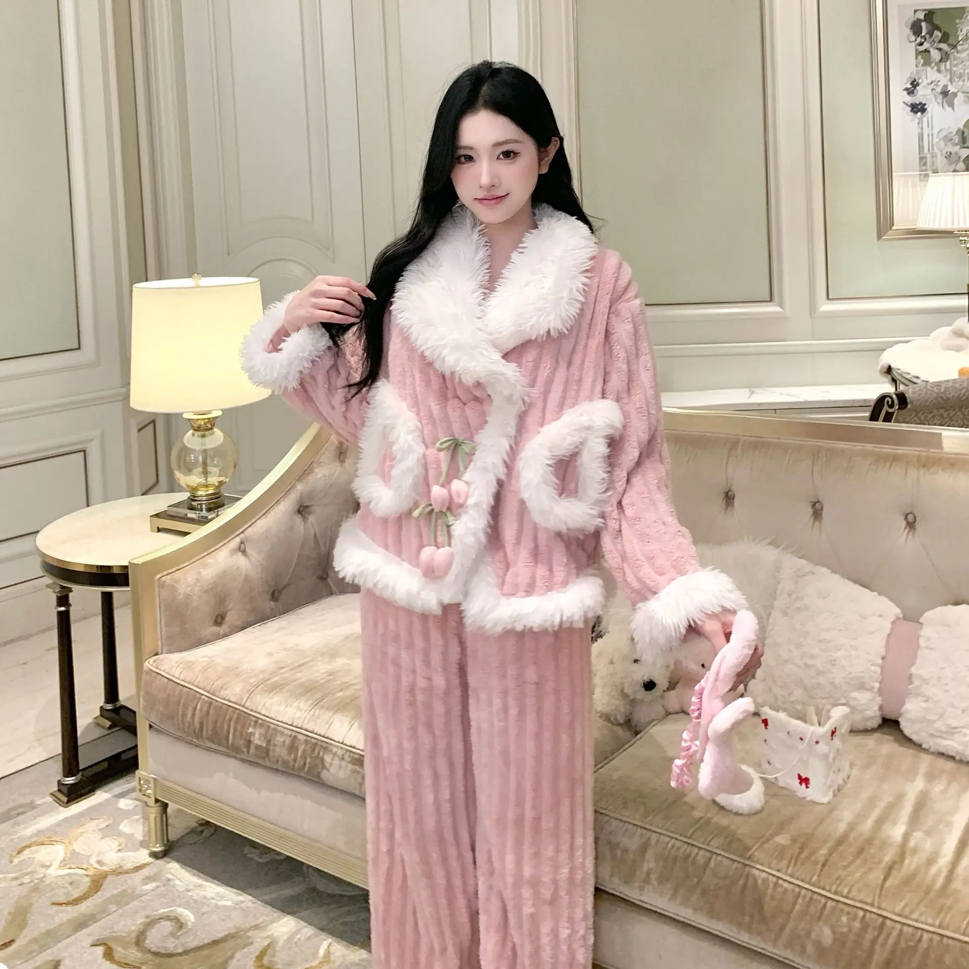 

20 style Fleece Fluffy Winter Warm Sleepwear Women's Pajama Sets Thickened Warm Home Clothes Suite Long Sleeve Trousers Set