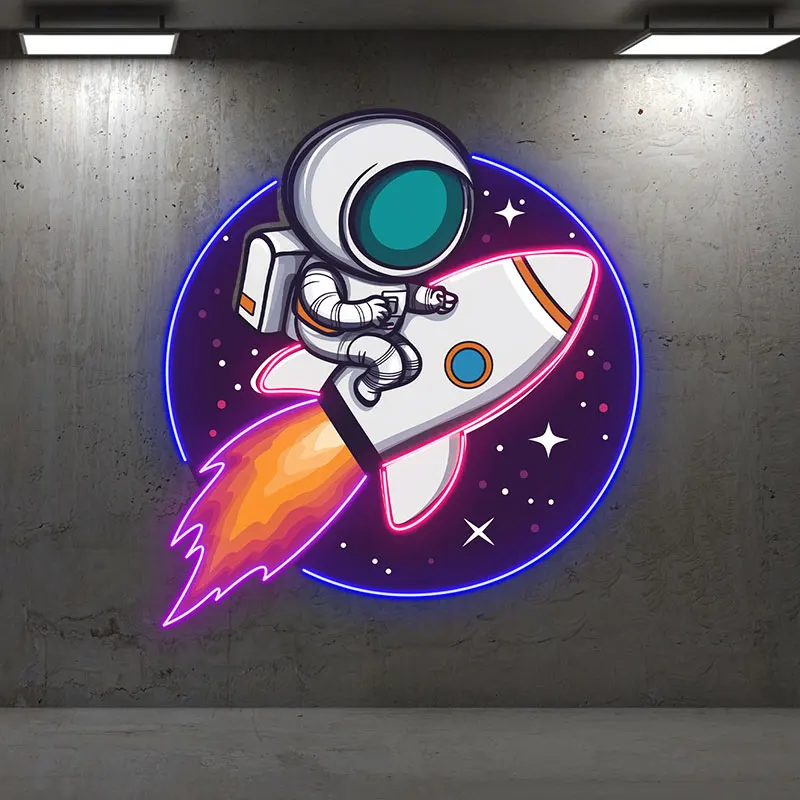 Astronauta Rocket Custom Neon Sign, Luzes LED de Viagem Interestelar, Sinais de néon para decoração infantil, Presente de aniversário