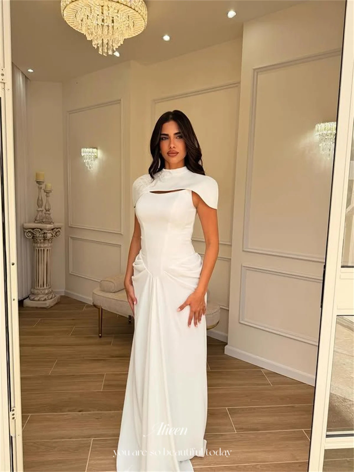 Aileen Crepe High White Mermaid Bridal Wedding Dress Neck Cape Overlay Keyhole Cutout Detail Hip Ruching 2026 Ruched Customized