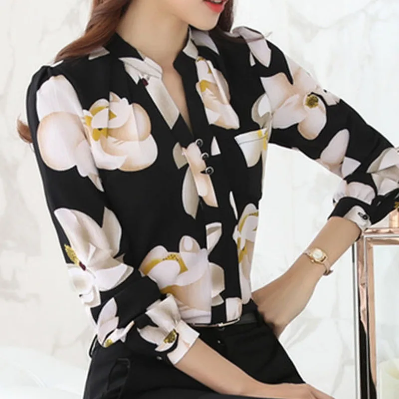 Fashion Print Long Sleeve Tops V-Neck Slim Chiffon Blouse Women Clothing 2023 Spring Business Office Work Wear Shirt Blusas 882G