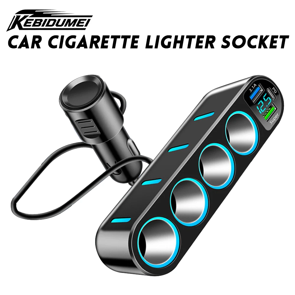 KEBIDUMEI 66W Car Cigarette Lighter Socket Splitter USB/Type-C Charger Power Adapter 7in1 Digital Display Outlet Car Accessories