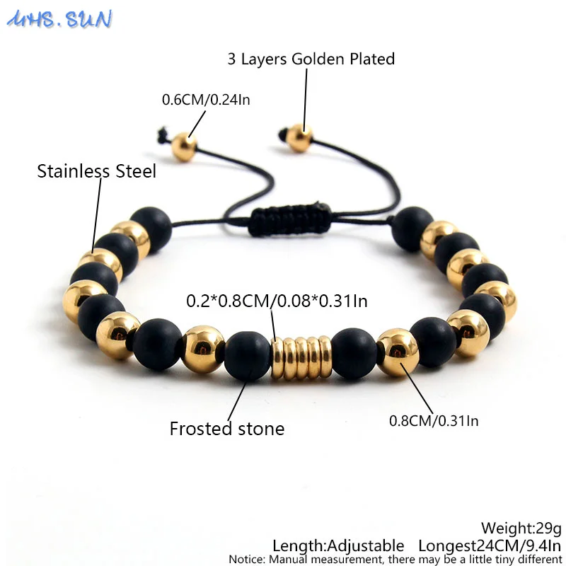 MHS.SUN Classic Black Frosted Stone Beads Bracelets Adjustable Gold Plated Stainless Steel Women Men Anniversary Jewelry