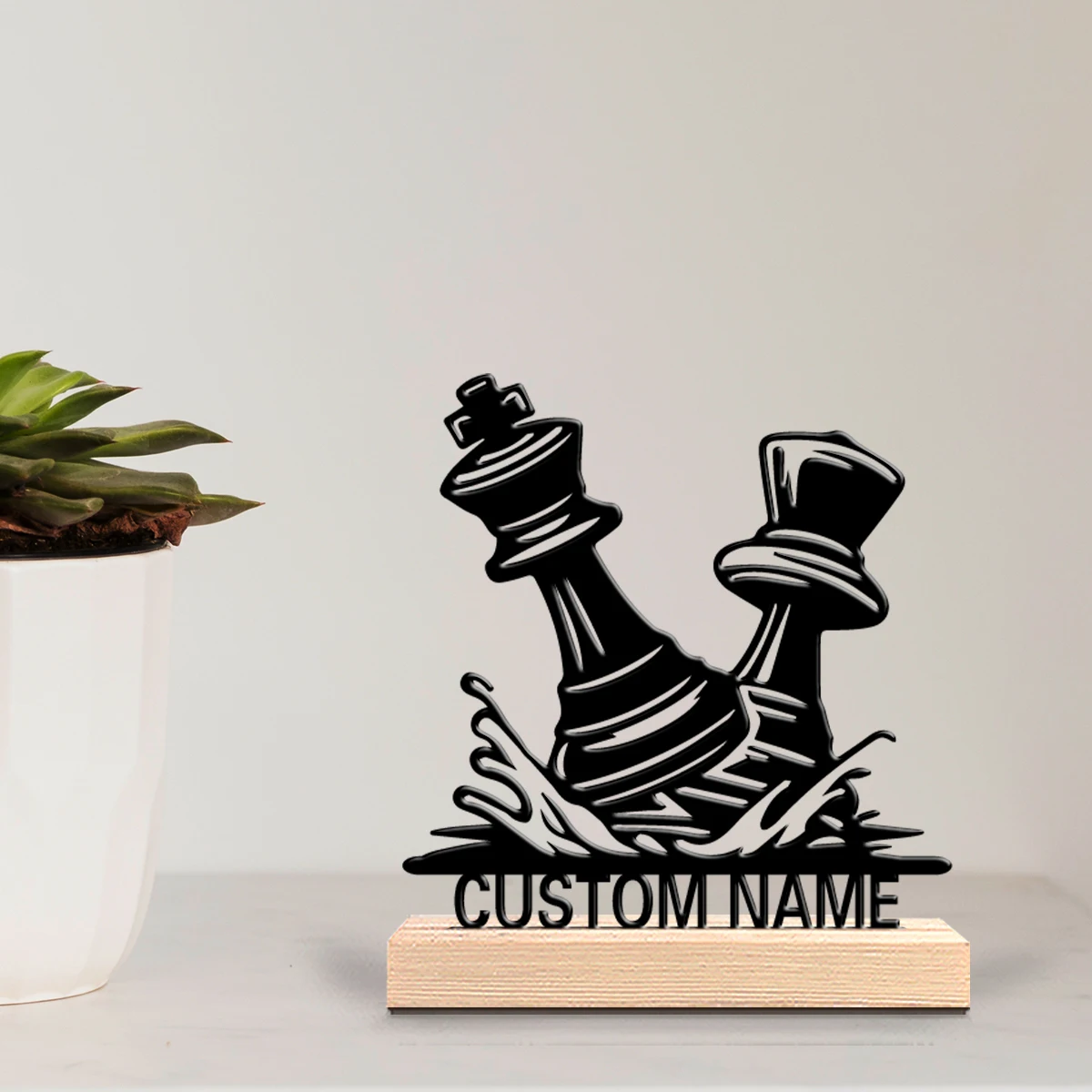 1pc Mysterious Personalized Custom Chess Metal Statues Modern Wooden Base Decor for Office Living Room Nature-Inspired