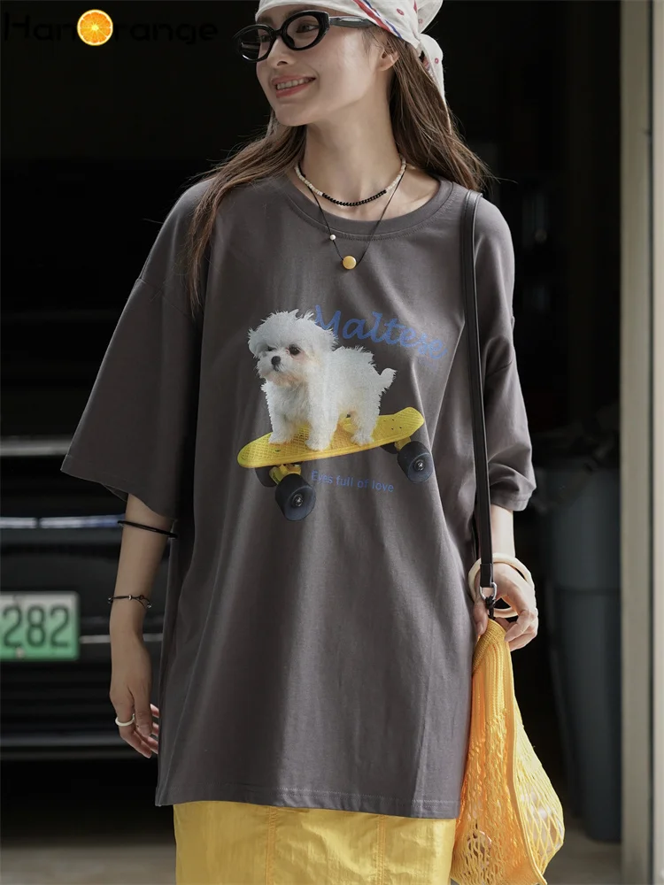 

HanOrange 2025 Early Autumn Skateboarding Dog Half Sleeve T-shirt Women Loose Cotton 100% Cotton Top Tees White/Dark Gray