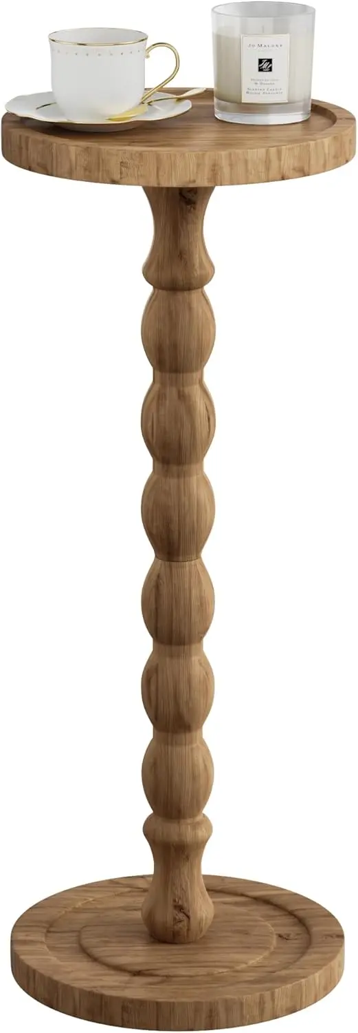 

Round Solid Wood Side Table, Brown Pedestal Coffee Table for Small Spaces, Living Room, Bedroom, Office, Sofa Corner (9.4