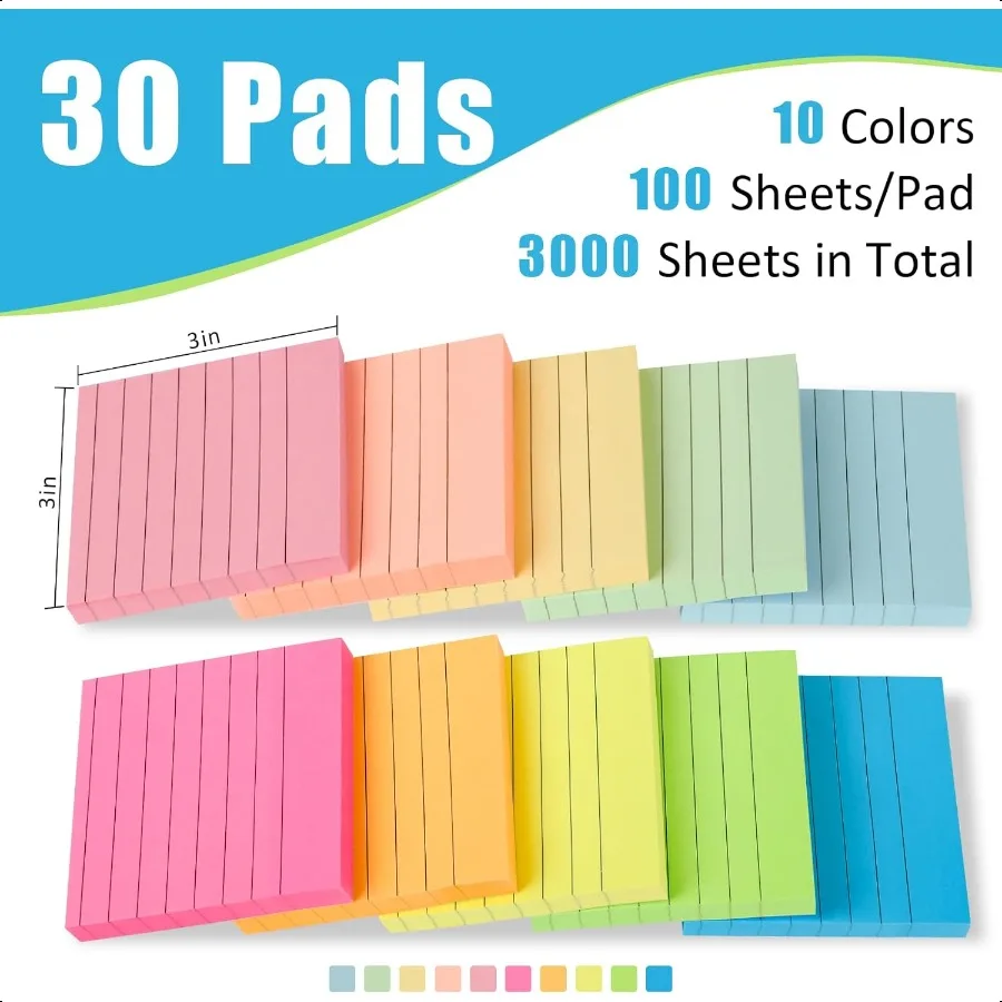 30 Pads Lined Sticky Notes Sticky Note Pads 3x3 inches 10 Bright Color Sticky Notes with Lines SelfStick Note Pads Perfect for