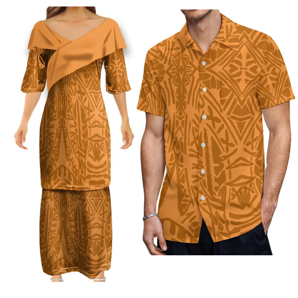 

Summer Custom Women'S Half-Sleeve Dress Puletasi Dress V-Neck Dress With Men'S Shirt Polynesian Tribe Matching Couple Suit