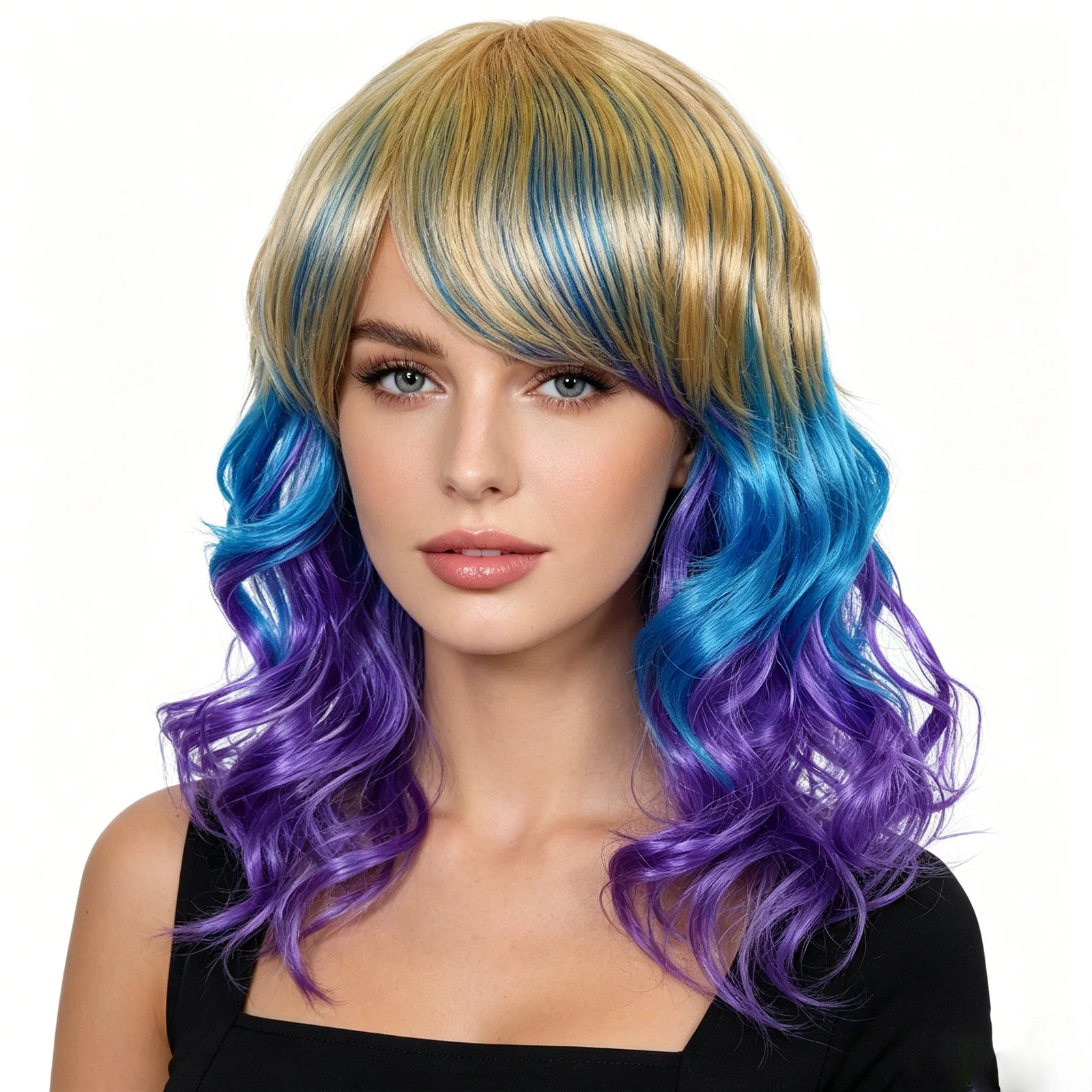 Short Wavy Gold Blue Purple Gradient Synthetic Hair Wig Bangs For Ladies Halloween  Fashion Hair Decor Head Accessory