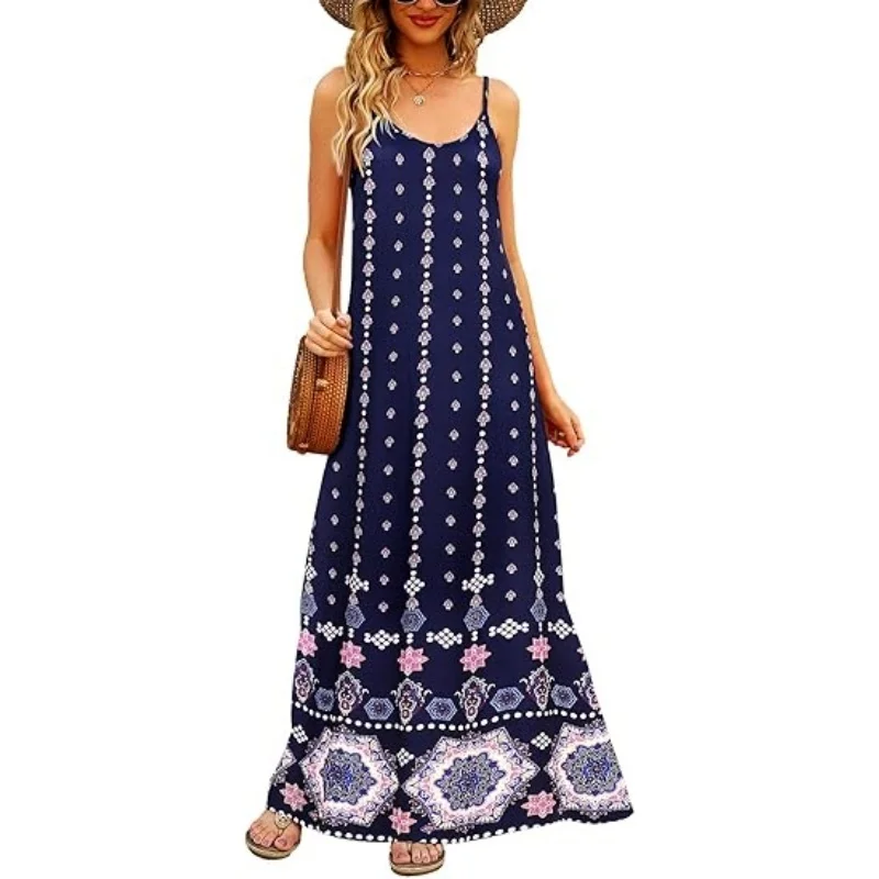 

2025 Women's V-Neck Pattern Sleeveless Boho Spaghetti Straps Floral Long Skirt Pockets Casual Summer Maxi Dress Casual