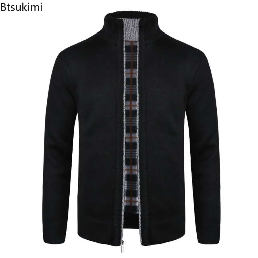 New Men Stand Collar Full Zip Knit Cardigan Long Sleeve Slim Fit Fleece Lined Sweater Jacket Autumn Winter Warm Casual Outerwear
